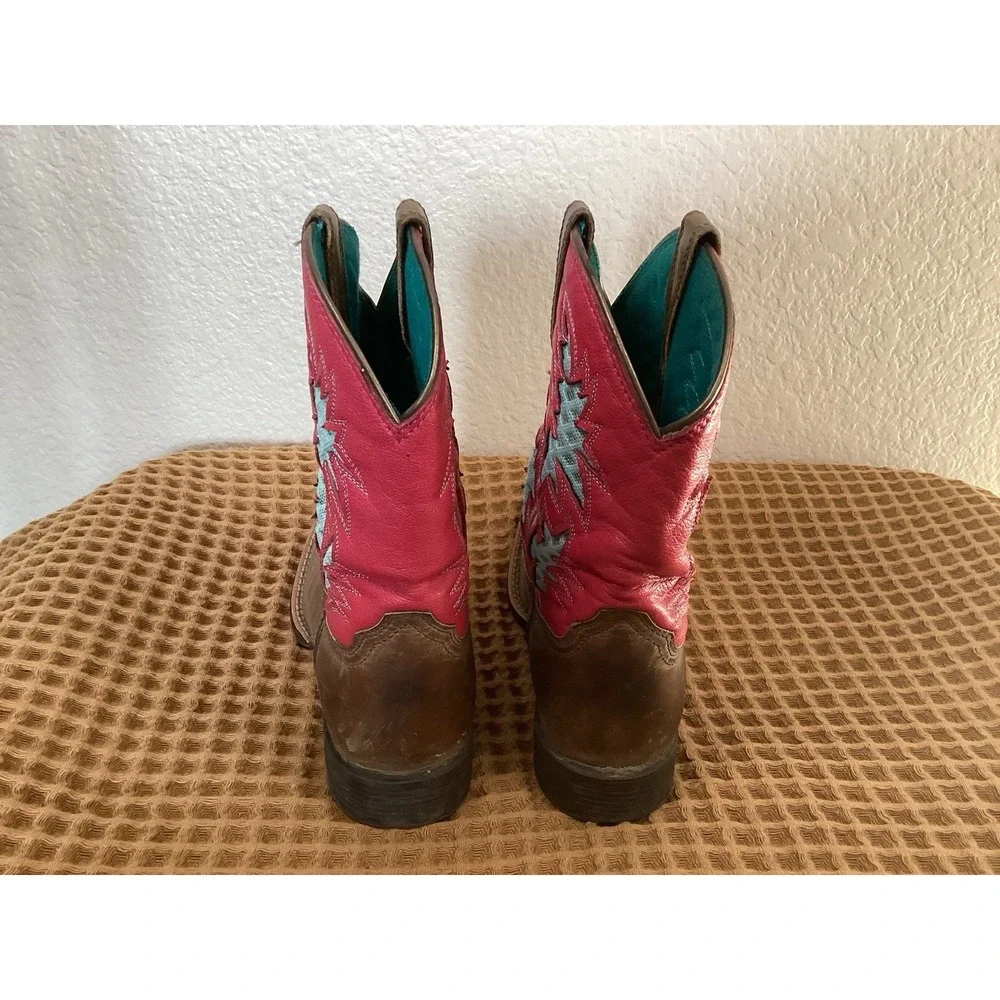 Ariat Pink Square Toe Boots Girls Sz 3 Brown Leather Western Cross Cowgirl